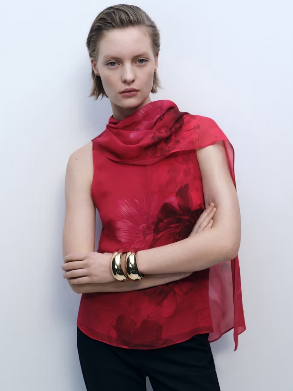 Mango Red Floral Sleeveless Blouse with Sheer Scarf
